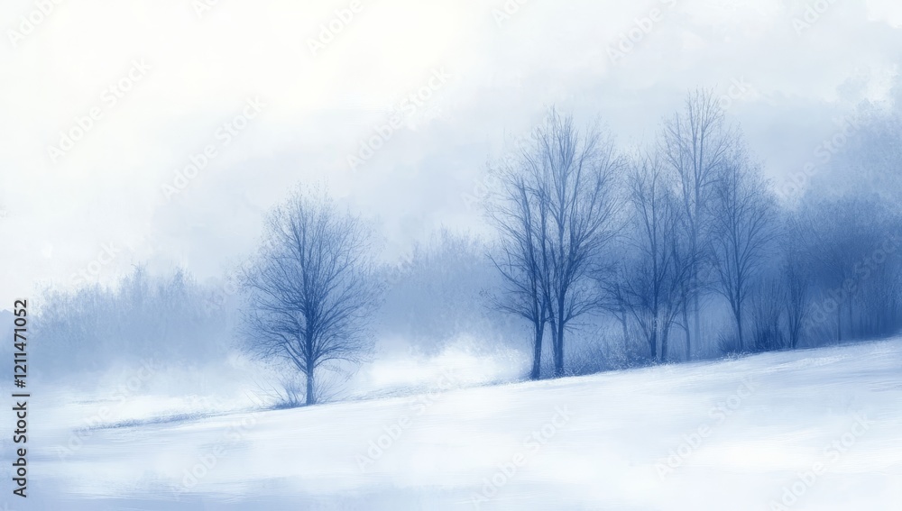 Snowy landscape with bare trees in a winter fog. Snowy landscape with bare trees in a winter fog.