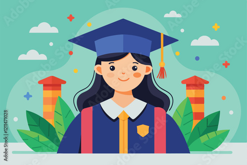 A young girl proudly wearing a graduation cap and gown amidst colorful decorations and greenery Girl on graduation Customizable Flat Illustration