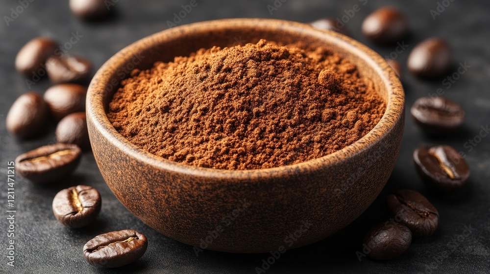 Ground Coffee Beans in a Wooden Bowl: Aromatic Coffee Powder Ground Coffee Beans in a Wooden Bowl: Aromatic Coffee Powder