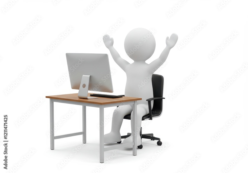 A 3D illustration of a simple humanoid figure sitting at a desk with a computer raising its arms in excitement or victory A 3D illustration of a simple humanoid figure sitting at a desk with a computer raising its arms in excitement or victory