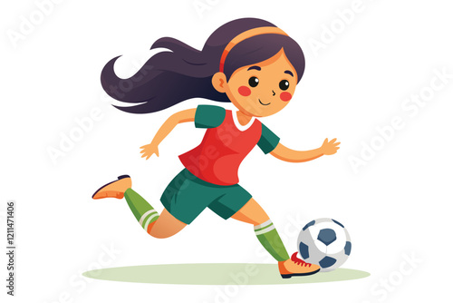 A girl runs energetically while dribbling a soccer ball, displaying enthusiasm for the game girl playing soccer isolated white background