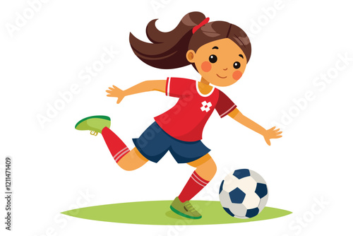 A girl dribbles a soccer ball while playing joyfully on a white background girl playing soccer isolated white background