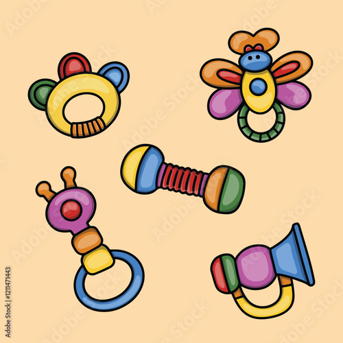 Collection of colorful baby toys