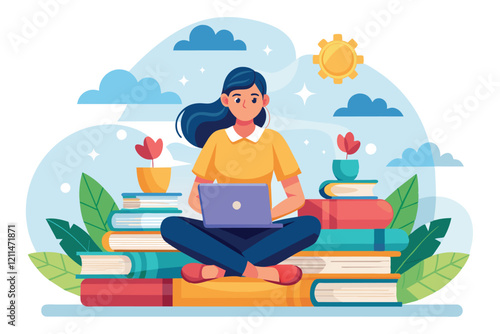 A girl is focused on her laptop while sitting on a stack of books surrounded by plants and flowers Girl sitting on a pile of books. Concept illustration of online courses