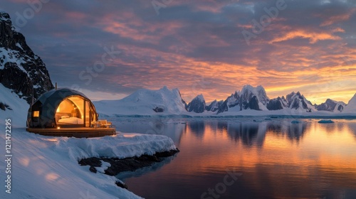 Futuristic Dome Shaped Cabin on Snow Covered Landscape at Sunset photo