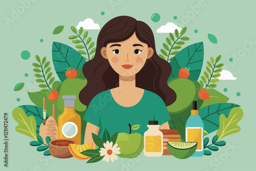 A girl explores natural and organic products among lush leaves and cheerful plants in a bright setting Girl with natural and organic products,