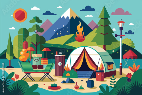 Discover glamping in a vibrant, scenic outdoor location with a cozy tent and stunning mountains Glamping Customizable Disproportionate Illustration