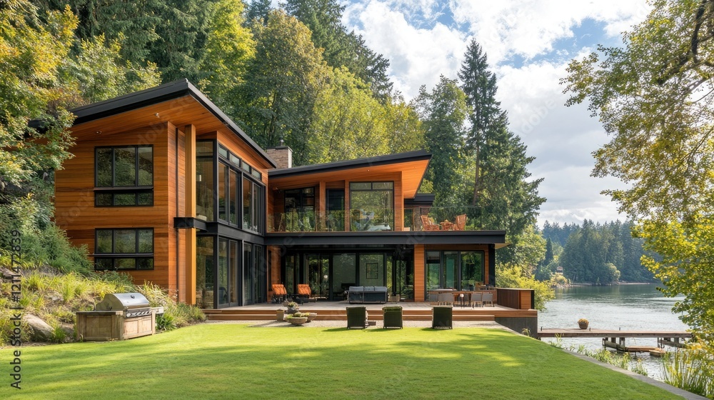 Elegant riverside house with an expansive lawn and a private dock for boating activities.