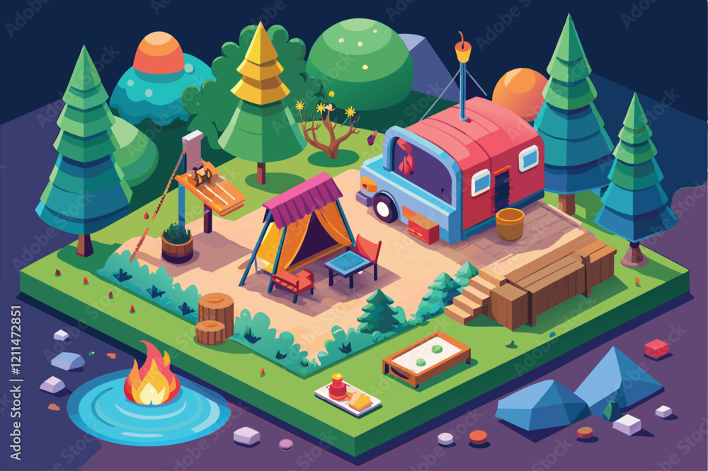 A colorful glamping site features a camper, tents, fire pit, and lush landscapes for outdoor adventure Glamping Customizable Isometric Illustration A colorful glamping site features a camper, tents, fire pit, and lush landscapes for outdoor adventure Glamping Customizable Isometric Illustration