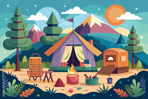 A colorful glamping site featuring a tent, camper, and fire with scenic mountains in the background Glamping Customizable Disproportionate Illustration