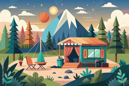 Experience glamping in a cozy campsite surrounded by mountains and tall trees during a serene sunset Glamping Customizable Flat Illustration