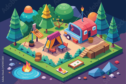 A colorful glamping site features a camper, tents, fire pit, and lush landscapes for outdoor adventure Glamping Customizable Isometric Illustration