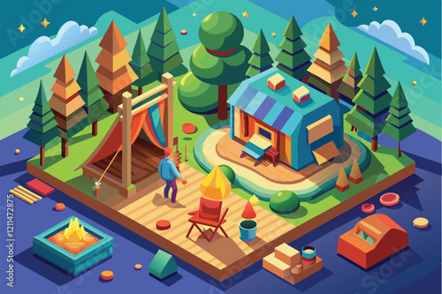 A cozy glamping site with tents and a cabin surrounded by trees, ideal for outdoor enthusiasts Glamping Customizable Isometric Illustration