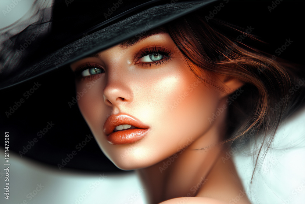 Beautiful girl in black hat portrait background. Beautiful girl in black hat portrait background.