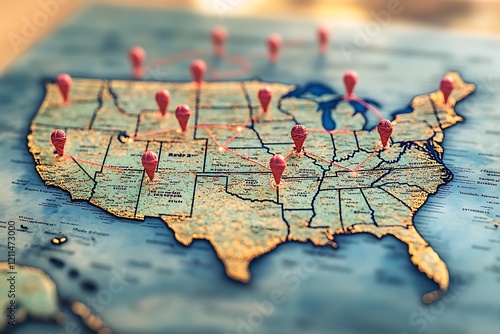A close-up of a vintage map of the United States with red pins marking various locations, representing a planned travel route or journey across the country.