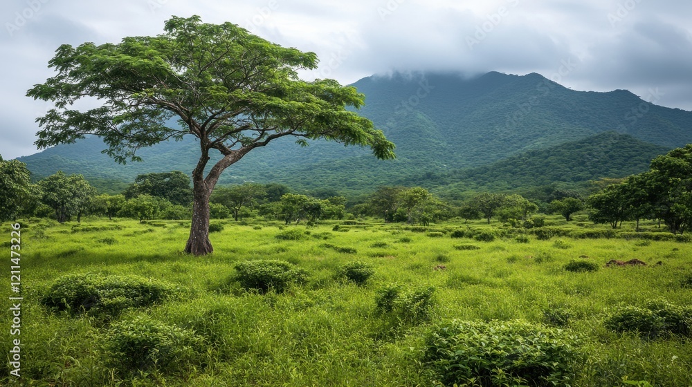 Lush Green Landscape with Solitary Tree Against Mountain Backdrop Lush Green Landscape with Solitary Tree Against Mountain Backdrop
