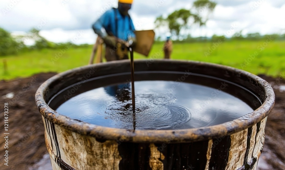 Rural oil collection, worker, field, barrel, Africa. Rural oil collection, worker, field, barrel, Africa.