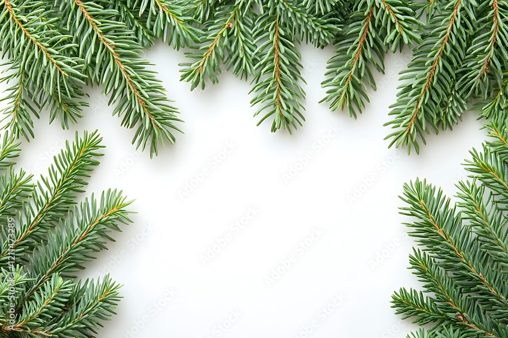 A delicate frame of lush green pine branches on a pristine white background, perfect for festive holiday greetings. A delicate frame of lush green pine branches on a pristine white background, perfect for festive holiday greetings.