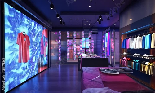 Modern Retail Space with Vibrant Digital Displays and Stylish Clothing