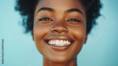 African-American woman close-up with white smile looking into camera, simple blue light background, horizontal advertising banner for dental clinic , spot copy