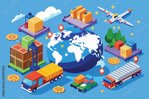 Visual of global logistics with cargo, transport vehicles, and delivery networks across continents, Global logistics and cargo delivery,