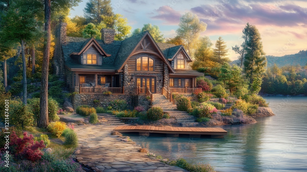 Fototapeta premium Peaceful riverside house with a stone pathway leading to a dock on a calm river.
