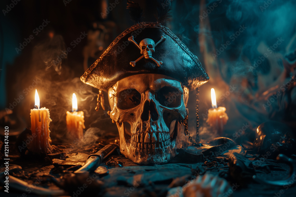 Fototapeta premium Human skull with a pirate hat above in the candlelight on the wooden table background.