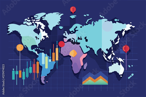 Interactive world map showcasing stock market trends, symbols, and global economic indicators Global stock market analysis metaphor