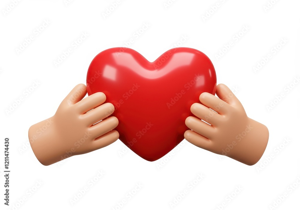 Fototapeta premium A 3D illustration of two hands gently holding a red heart symbolizing love, care or compassion