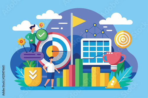 Two individuals engage with goal-oriented graphics and charts in a colorful landscape Goal Customizable Disproportionate Illustration
