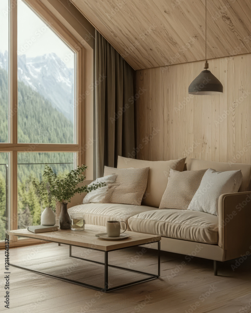 Cozy living room with mountain view and modern decor in tranquil setting Cozy living room with mountain view and modern decor in tranquil setting