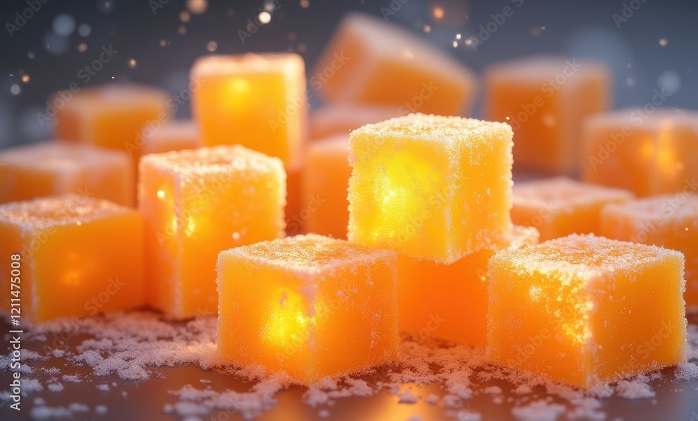 Glowing orange sugar cubes on display Glowing orange sugar cubes on display