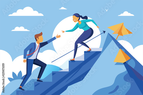 Two determined characters are helping each other ascend steps towards their goals in a vibrant landscape Goal-focused male and female characters are helping each other to climb up