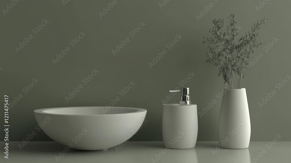 White ceramic toilet set against a muted olive green background for an earthy and calming atmosphere. White ceramic toilet set against a muted olive green background for an earthy and calming atmosphere.