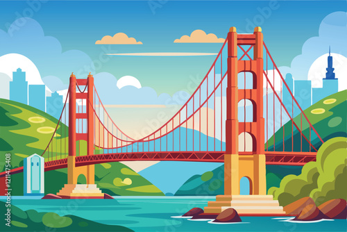 A cartoon depiction of a renowned bridge surrounded by hills and colorful buildings under a bright sky Golden gate bridge Customizable Cartoon Illustration