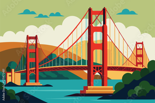 A stunning flat illustration captures the golden bridge during a colorful sunset over the bay Golden gate bridge Customizable Flat Illustration