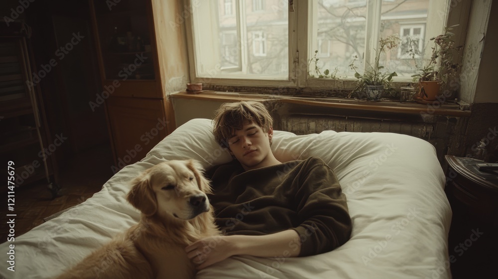 Young Person Relaxing in Bed with Dog in Cozy Room Interior Young Person Relaxing in Bed with Dog in Cozy Room Interior