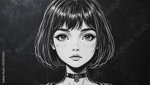 Monochromatic Anime Girl Portrait with Bob Haircut and Choker Necklace, Detailed Line Art Style