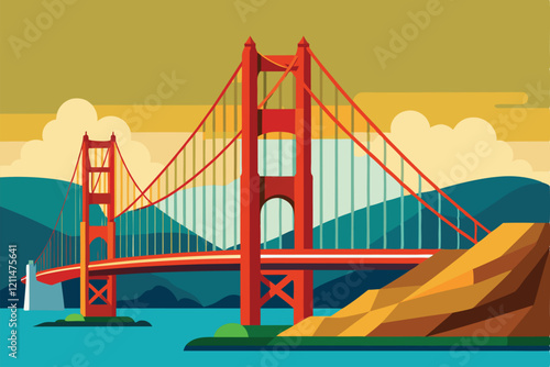 Vibrant design featuring the Golden Gate Bridge with mountains and water at dusk, creating a tranquil atmosphere Golden gate bridge Customizable Semi Flat Illustration