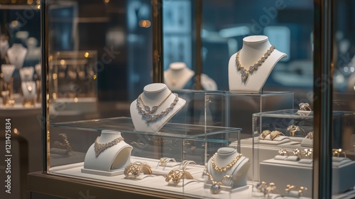 Elegant necklaces and rings displayed in a luxury jewelry store showcase.