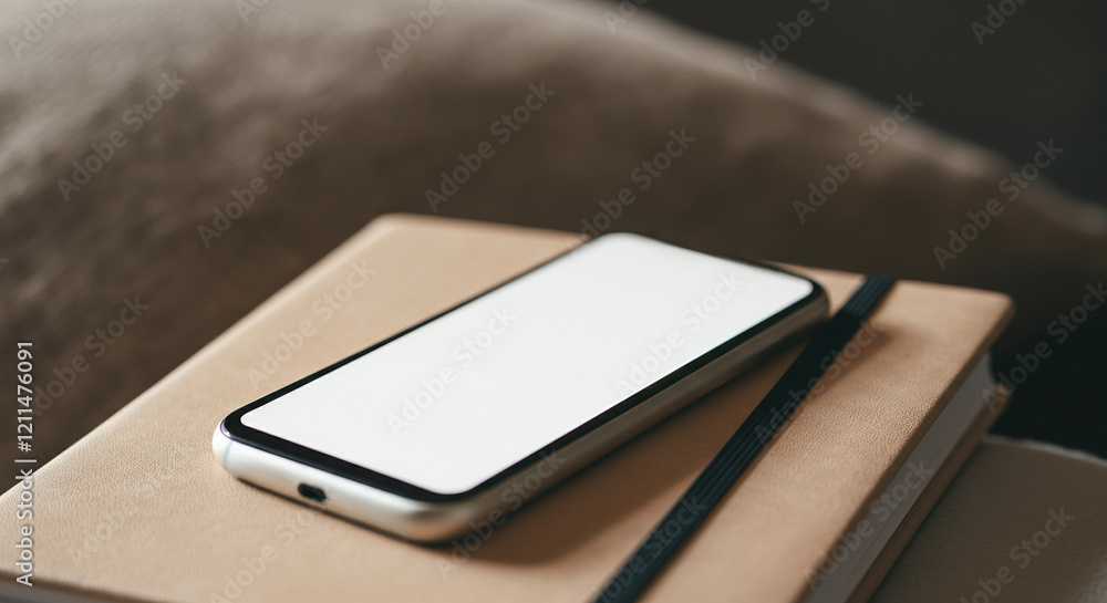 Mockup of a smartphone on a notebook, ideal for technology presentations Mockup of a smartphone on a notebook, ideal for technology presentations