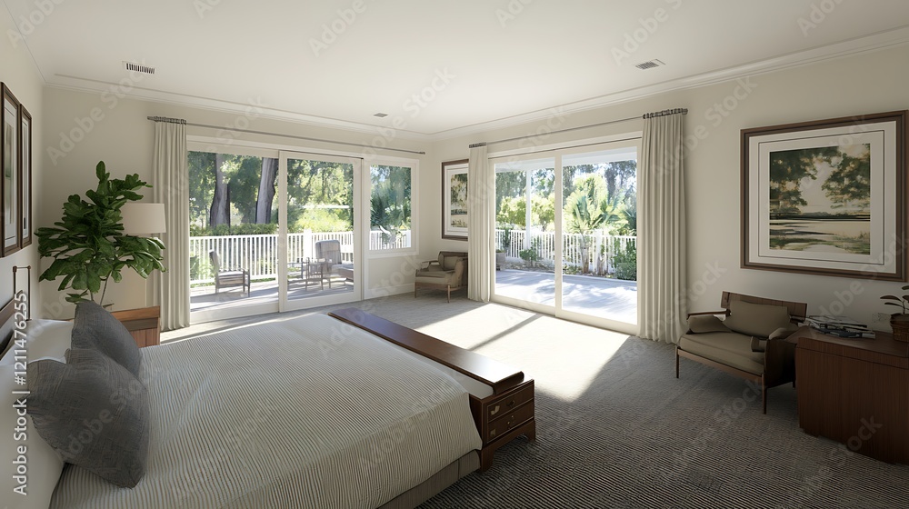 Fototapeta premium Serene Bedroom Design With Patio Access And Natural Light