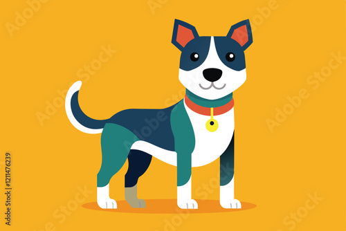 A cheerful dog stands proudly against a vibrant yellow background, conveying joy and playfulness Good doggy Customizable Flat Illustration