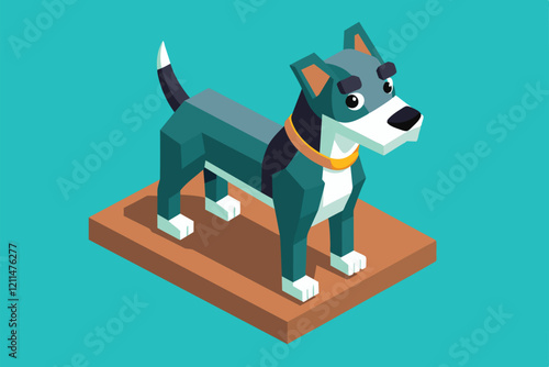 A colorful isometric illustration featuring a playful dog standing proudly on a wooden base Good doggy Customizable Isometric Illustration