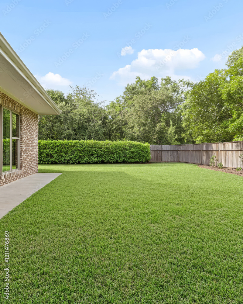 custom made wallpaper toronto digitalLush green backyard with manicured lawn and clear blue sky on a sunny day
