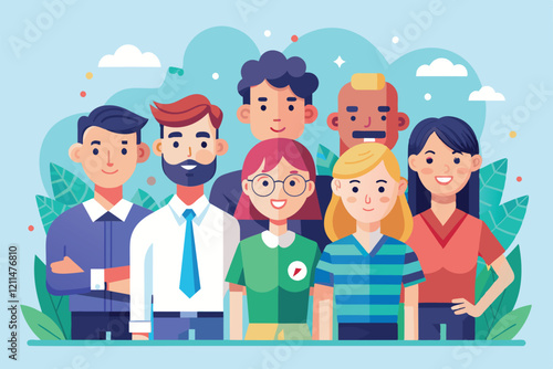 A group of seven diverse individuals smiling and working together in a vibrant, green setting Good team Customizable Flat Illustration