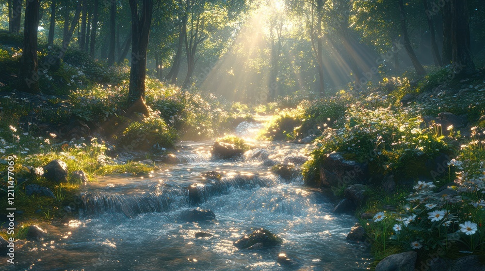 Fototapeta premium Sunlit stream flows through spring forest