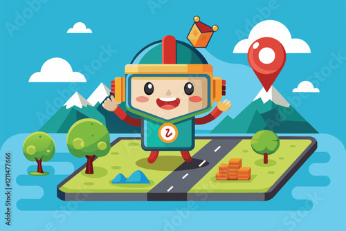 A cheerful cartoon GPS navigator character stands on a colorful map with trees and mountains around Gps navigator Customizable Cartoon Illustration