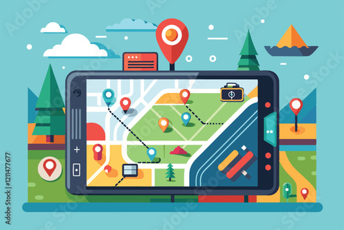 A vibrant map on a GPS navigator shows customizable routes and various landmarks in a playful design Gps navigator Customizable Disproportionate Illustration