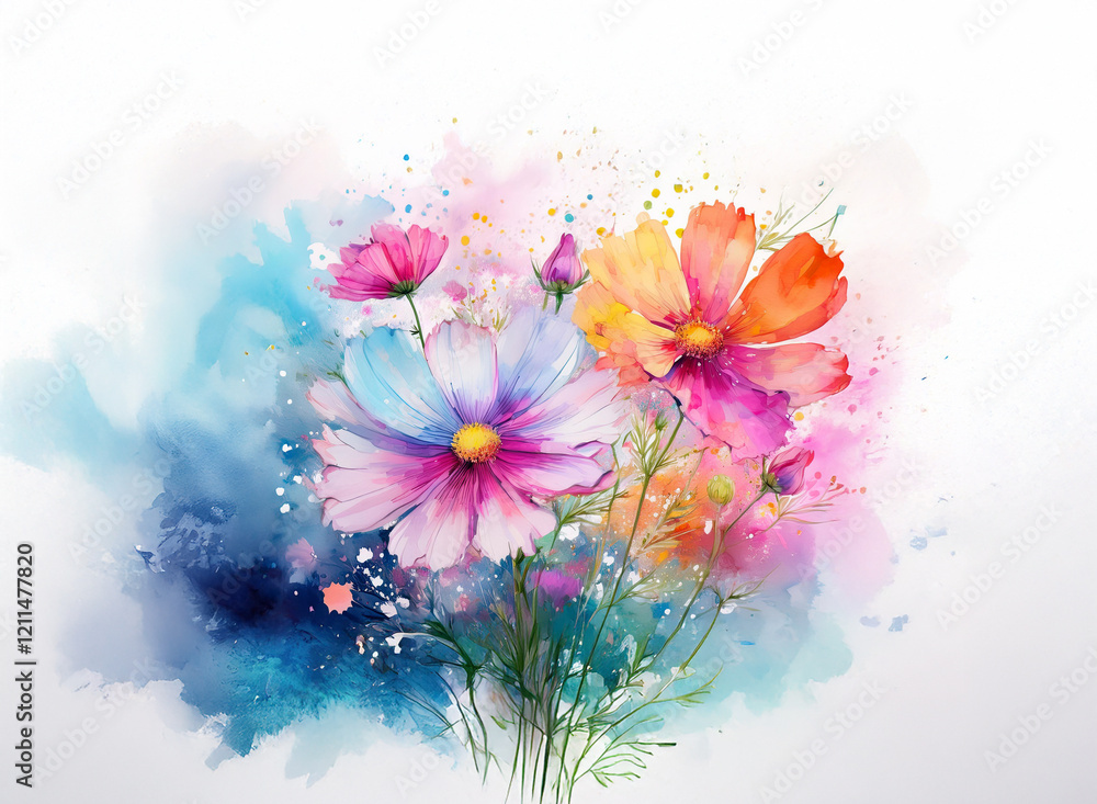 Obraz premium Vibrant cosmos flowers in watercolor style against a colorful, abstract background. The painting features soft, pastel hues and a dynamic splash effect.